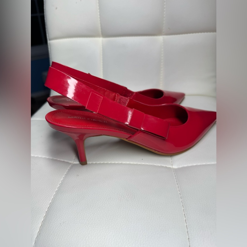 Red Patent Slingback Pointed-Toe Heels with Bow Accent - Picture 9 of 14